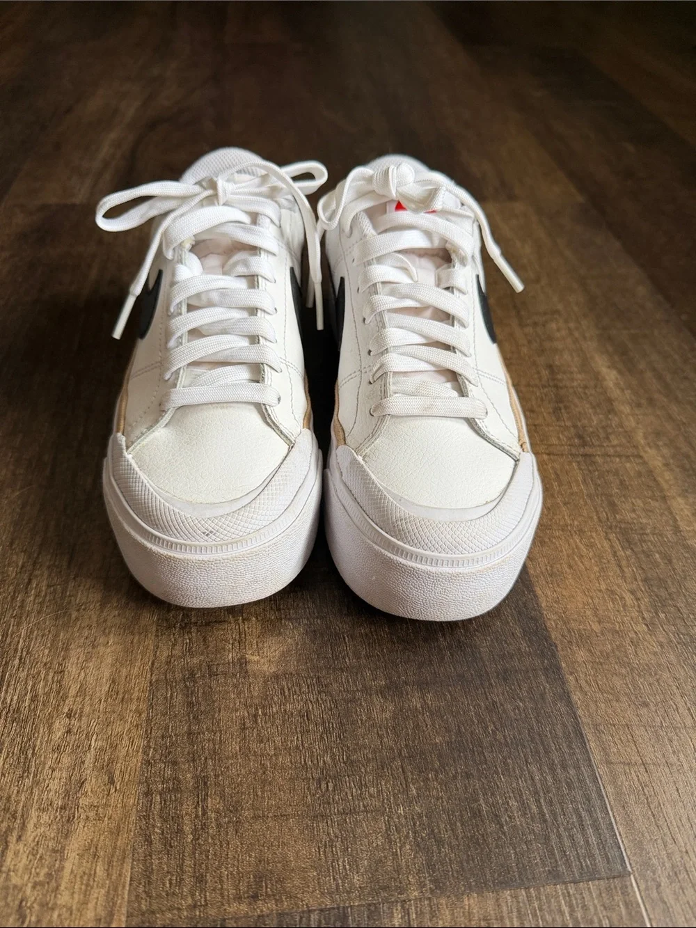 Nike Court Legacy Lift Sneakers in White with Black Swoosh and Tan Accent